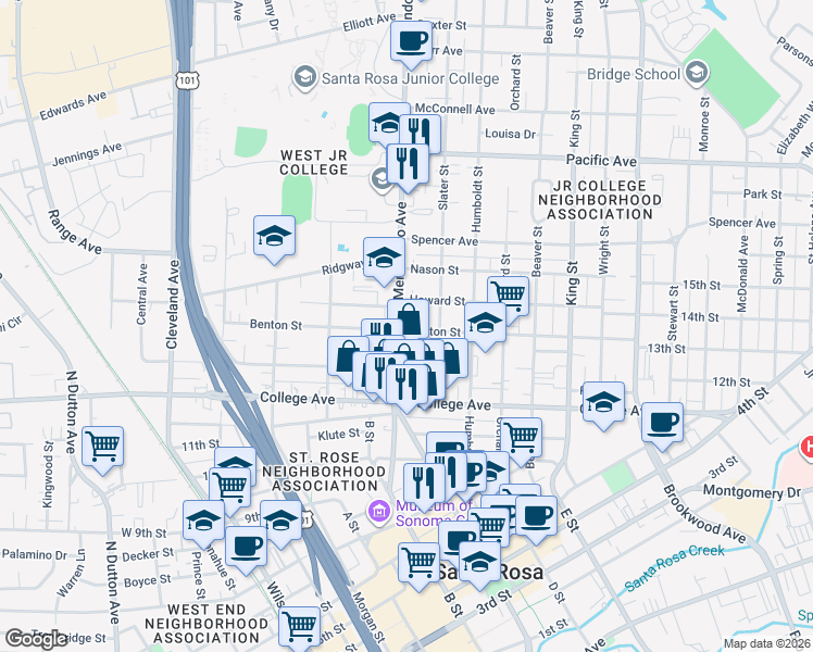 map of restaurants, bars, coffee shops, grocery stores, and more near 499 Benton Street in Santa Rosa