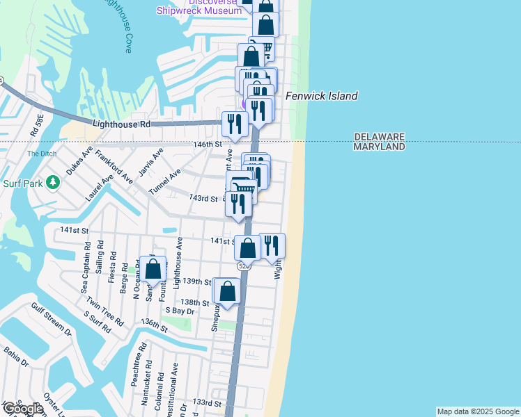 map of restaurants, bars, coffee shops, grocery stores, and more near in Ocean City