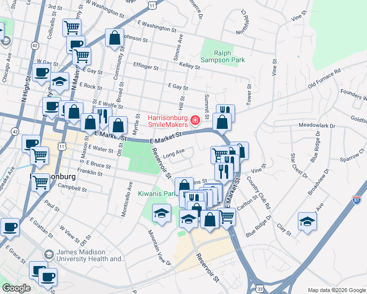 map of restaurants, bars, coffee shops, grocery stores, and more near 582 Long Avenue in Harrisonburg