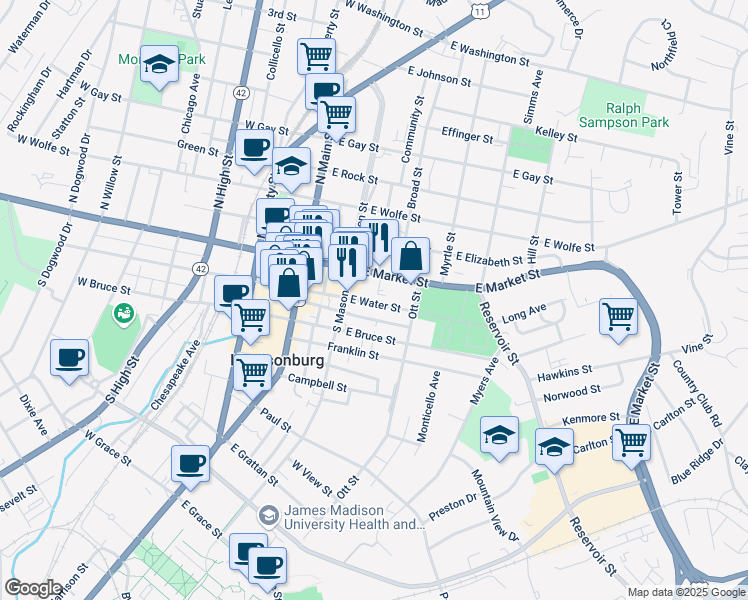 map of restaurants, bars, coffee shops, grocery stores, and more near 242 East Water Street in Harrisonburg