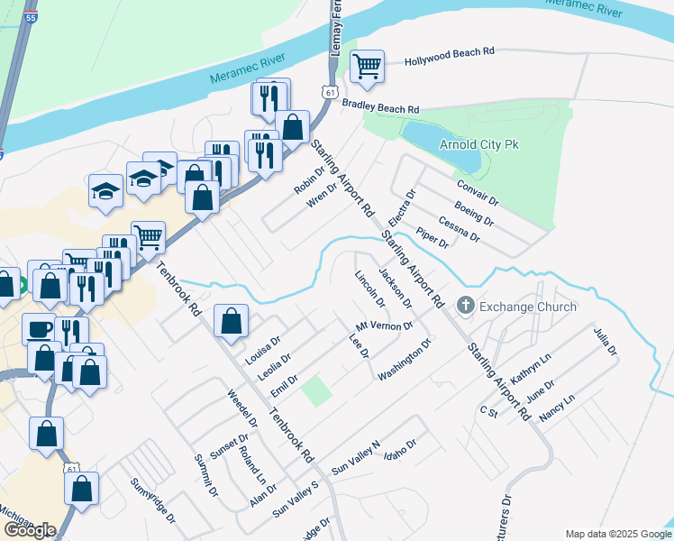 map of restaurants, bars, coffee shops, grocery stores, and more near 2229 Jackson Drive in Arnold