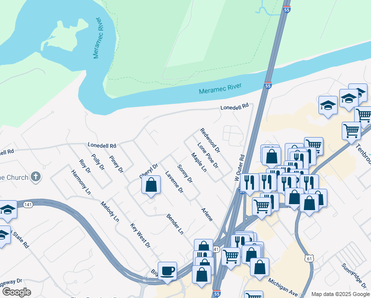 map of restaurants, bars, coffee shops, grocery stores, and more near 1857 Maple Drive in Arnold