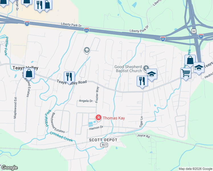 map of restaurants, bars, coffee shops, grocery stores, and more near 5773 Teays Valley Road in Teays Valley