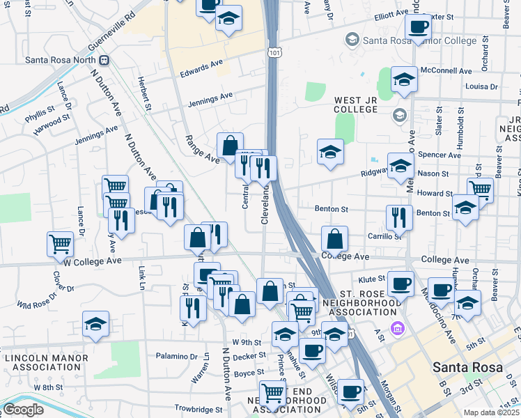 map of restaurants, bars, coffee shops, grocery stores, and more near 1239 Cleveland Avenue in Santa Rosa