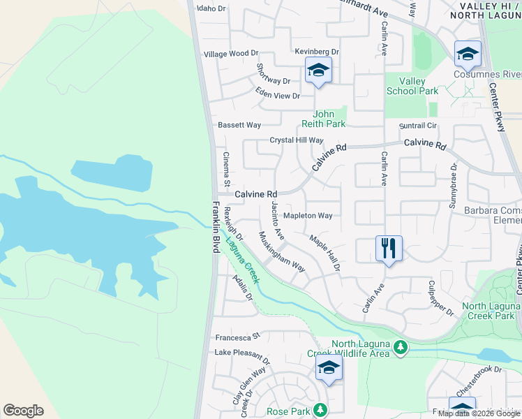 map of restaurants, bars, coffee shops, grocery stores, and more near 5351 Muskingham Way in Sacramento