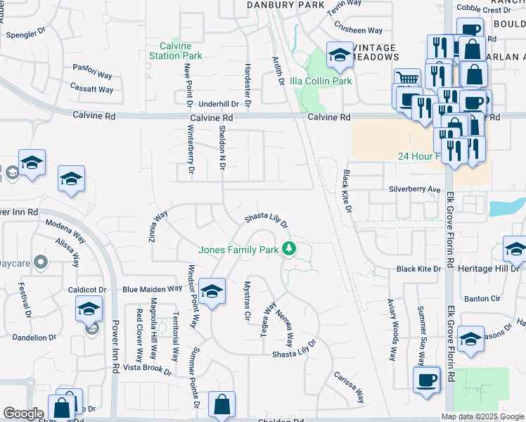 map of restaurants, bars, coffee shops, grocery stores, and more near 8523 Pinedrops Court in Elk Grove
