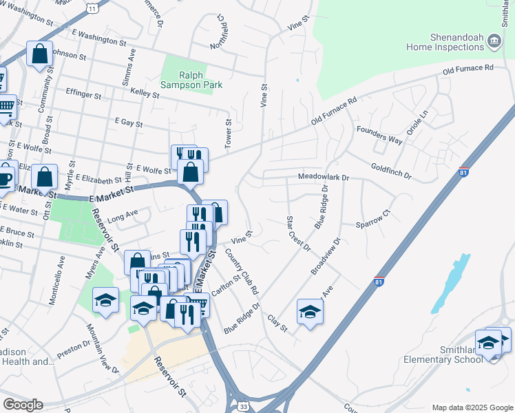 map of restaurants, bars, coffee shops, grocery stores, and more near 873 Vine Street in Harrisonburg