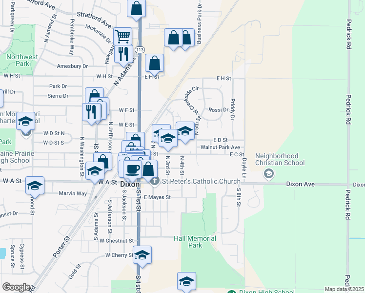 map of restaurants, bars, coffee shops, grocery stores, and more near 415 East C Street in Dixon
