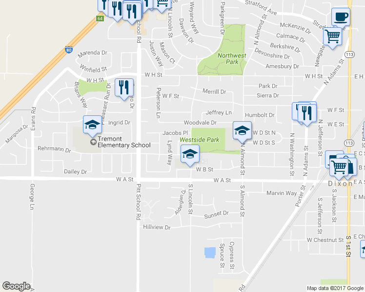 map of restaurants, bars, coffee shops, grocery stores, and more near 350 North Lincoln Street in Dixon