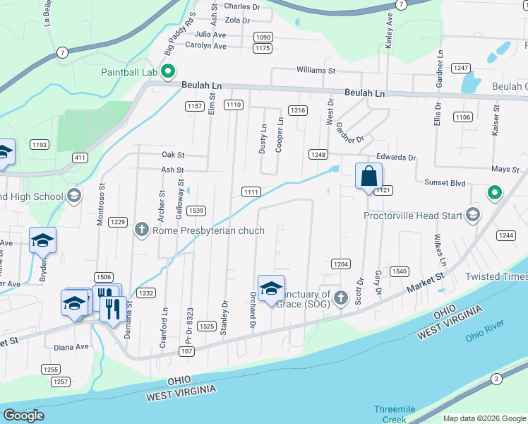 map of restaurants, bars, coffee shops, grocery stores, and more near 422 Township Road 1233 in Proctorville