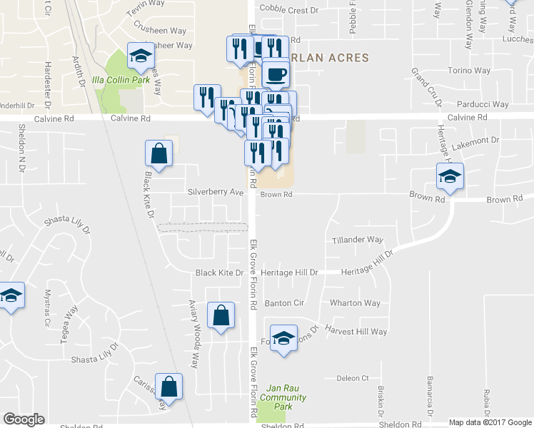 map of restaurants, bars, coffee shops, grocery stores, and more near 1 Elk Grove Florin Road in Elk Grove