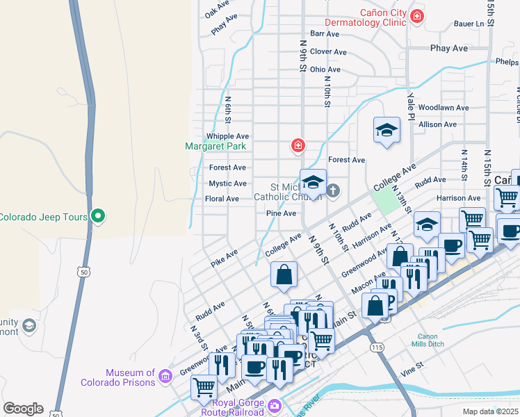map of restaurants, bars, coffee shops, grocery stores, and more near 701 Pine Ave in Cañon City