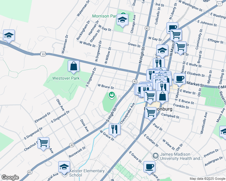 map of restaurants, bars, coffee shops, grocery stores, and more near 385 West Bruce Street in Harrisonburg