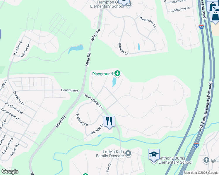 map of restaurants, bars, coffee shops, grocery stores, and more near 5 Brush Everard Court in Stafford