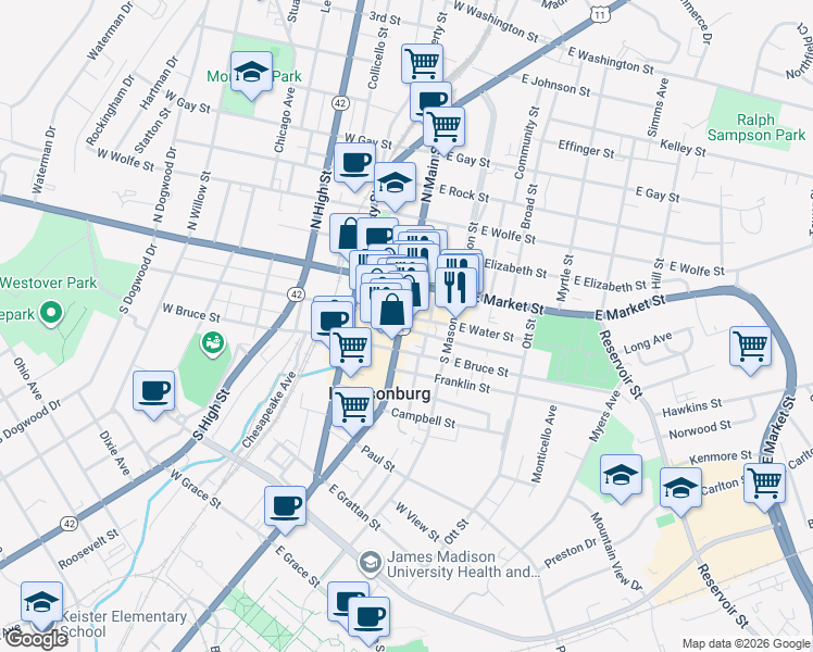 map of restaurants, bars, coffee shops, grocery stores, and more near 16 Newman Avenue in Harrisonburg