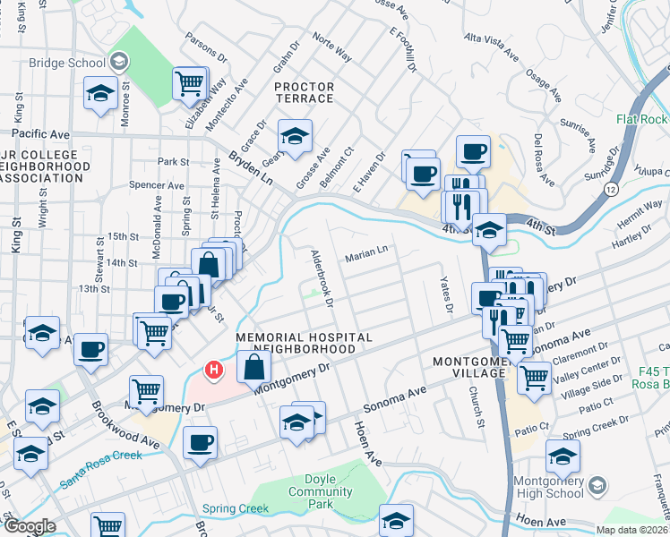 map of restaurants, bars, coffee shops, grocery stores, and more near 149 Sherwood Drive in Santa Rosa