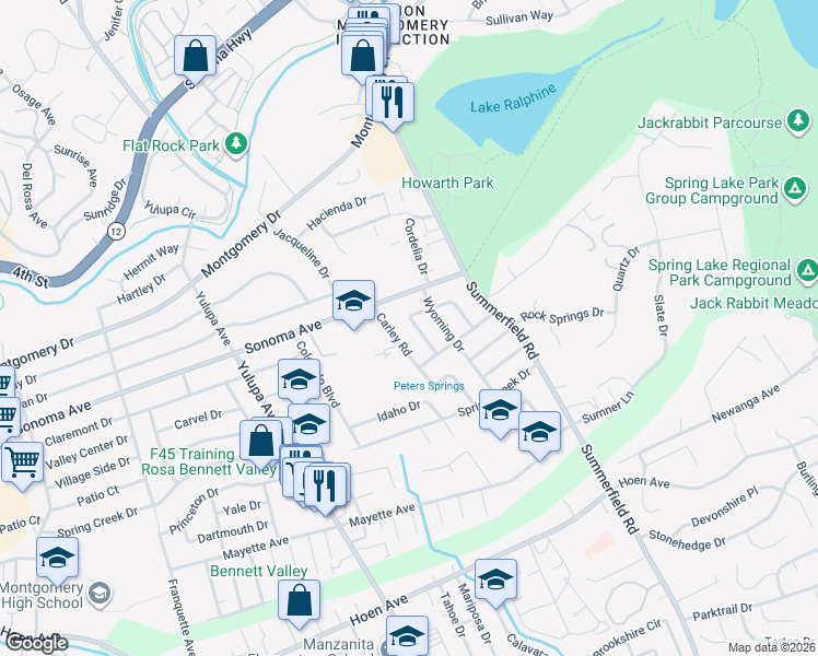 map of restaurants, bars, coffee shops, grocery stores, and more near 772 Nebraska Drive in Santa Rosa