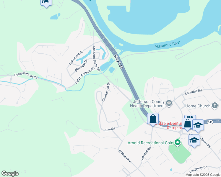 map of restaurants, bars, coffee shops, grocery stores, and more near 207 Appletree Court in Arnold