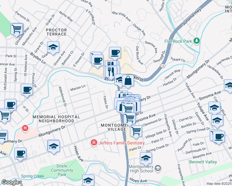 map of restaurants, bars, coffee shops, grocery stores, and more near 245 Farmers Lane in Santa Rosa