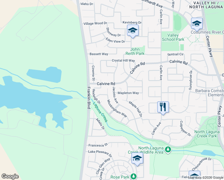 map of restaurants, bars, coffee shops, grocery stores, and more near 5351 Muskingham Way in Sacramento
