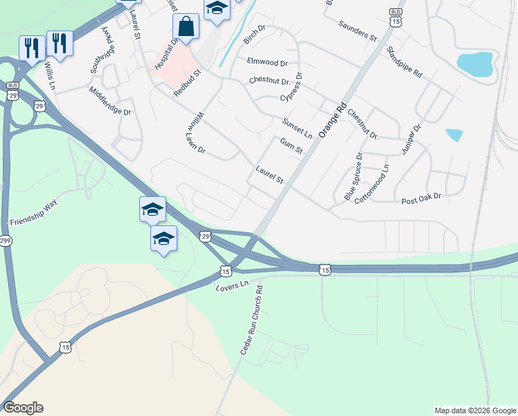 map of restaurants, bars, coffee shops, grocery stores, and more near 101 Morningside Drive in Culpeper