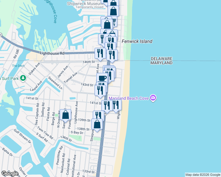 map of restaurants, bars, coffee shops, grocery stores, and more near in Ocean City