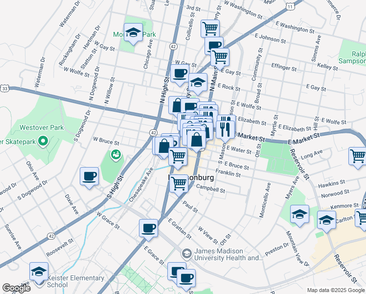 map of restaurants, bars, coffee shops, grocery stores, and more near 75 West Water Street in Harrisonburg