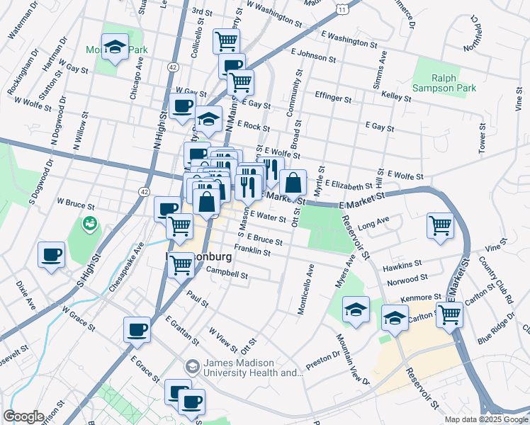 map of restaurants, bars, coffee shops, grocery stores, and more near 242 East Water Street in Harrisonburg