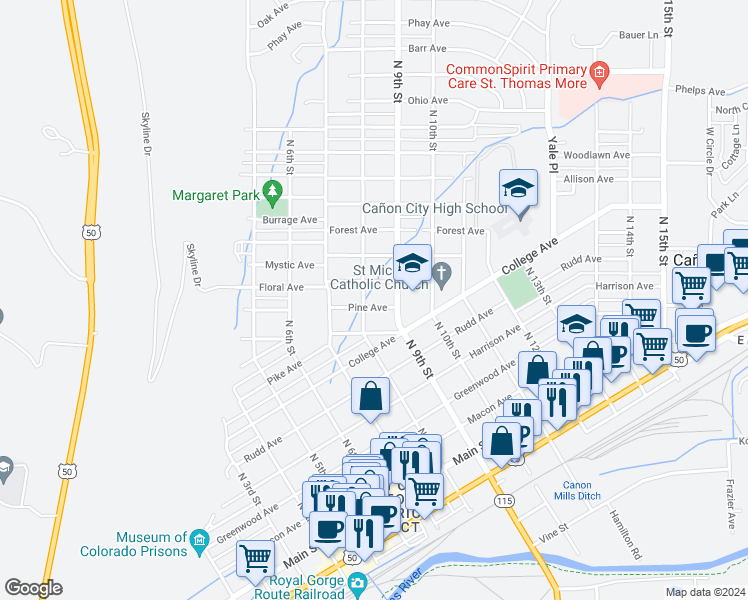 map of restaurants, bars, coffee shops, grocery stores, and more near 813 Pine Avenue in Cañon City