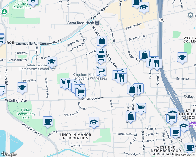 map of restaurants, bars, coffee shops, grocery stores, and more near 1423 Eardley Avenue in Santa Rosa