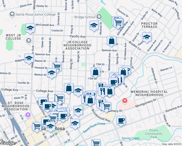 map of restaurants, bars, coffee shops, grocery stores, and more near 1116 14th Street in Santa Rosa