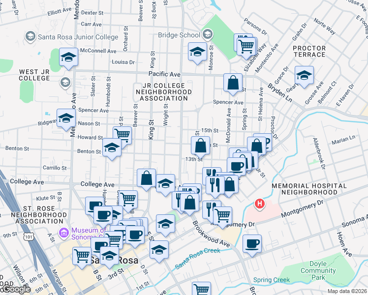 map of restaurants, bars, coffee shops, grocery stores, and more near 1108 14th Street in Santa Rosa