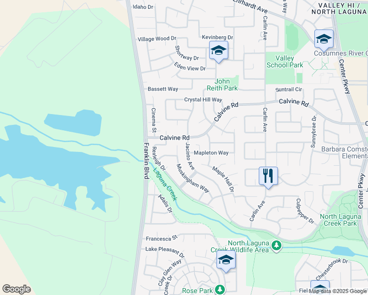 map of restaurants, bars, coffee shops, grocery stores, and more near 5351 Muskingham Way in Sacramento