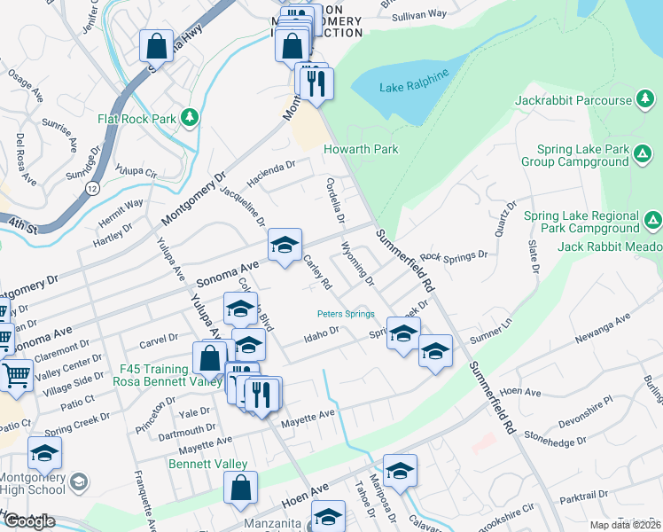 map of restaurants, bars, coffee shops, grocery stores, and more near 772 Nebraska Drive in Santa Rosa