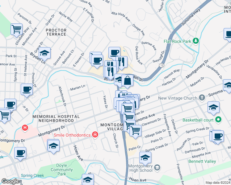 map of restaurants, bars, coffee shops, grocery stores, and more near 300 Farmers Lane in Santa Rosa