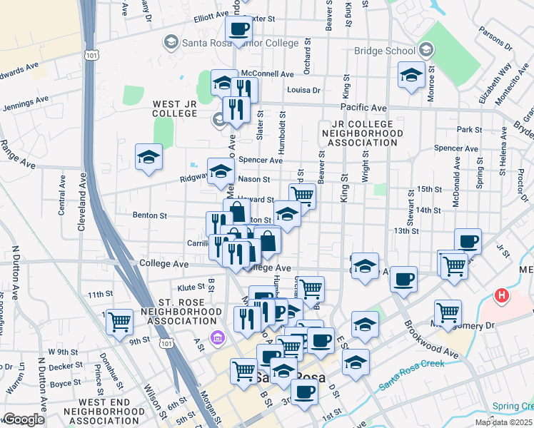 map of restaurants, bars, coffee shops, grocery stores, and more near 807 Humboldt Street in Santa Rosa