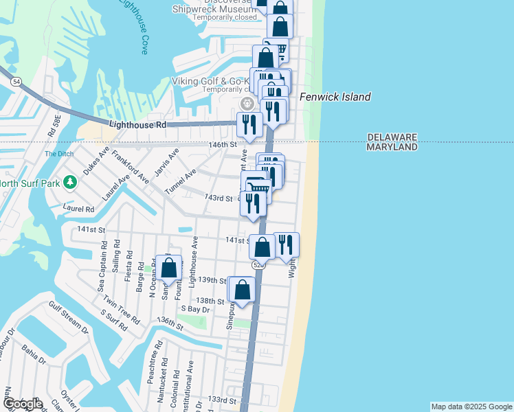 map of restaurants, bars, coffee shops, grocery stores, and more near in Ocean City