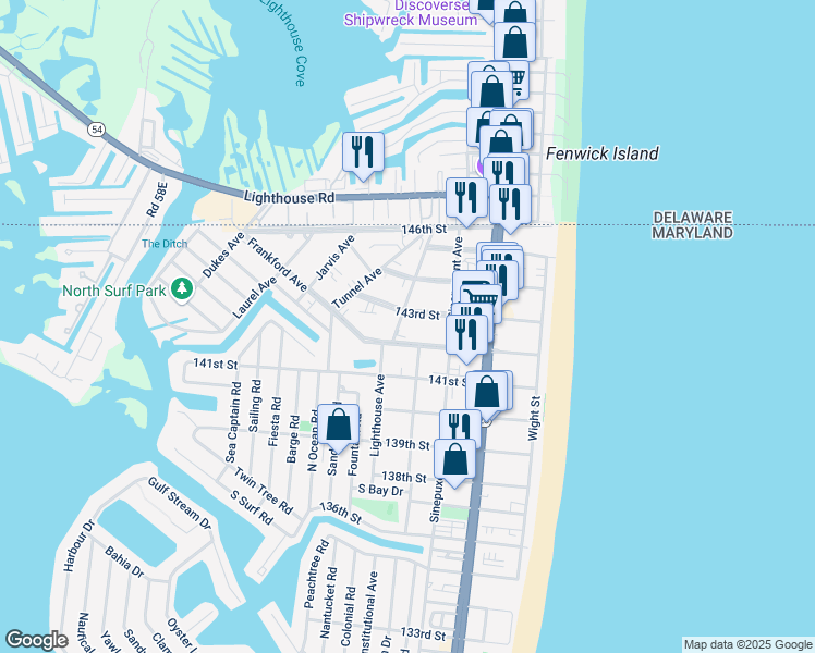 map of restaurants, bars, coffee shops, grocery stores, and more near 214 Frankford Avenue in Ocean City