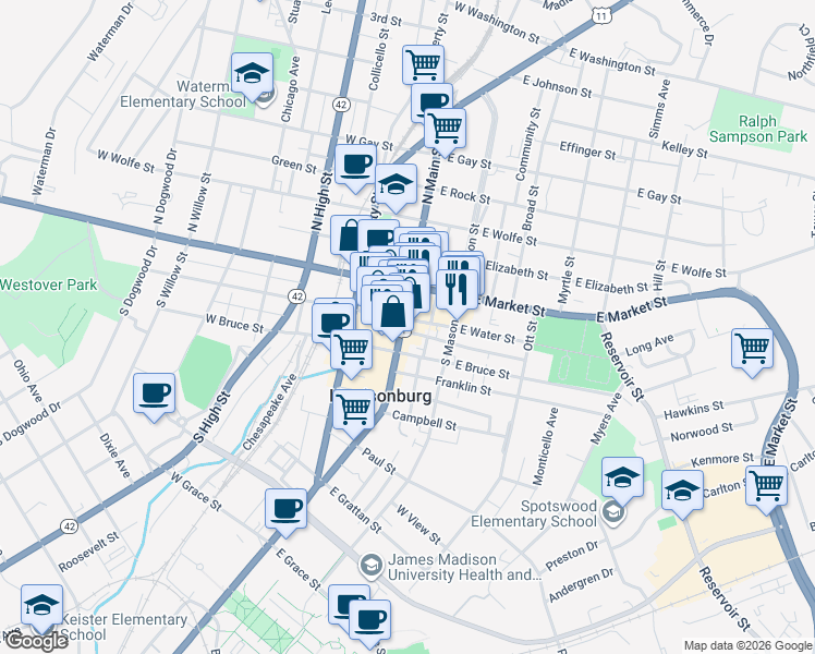 map of restaurants, bars, coffee shops, grocery stores, and more near 16 Newman Avenue in Harrisonburg