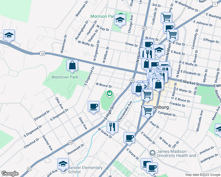 map of restaurants, bars, coffee shops, grocery stores, and more near 385 West Bruce Street in Harrisonburg