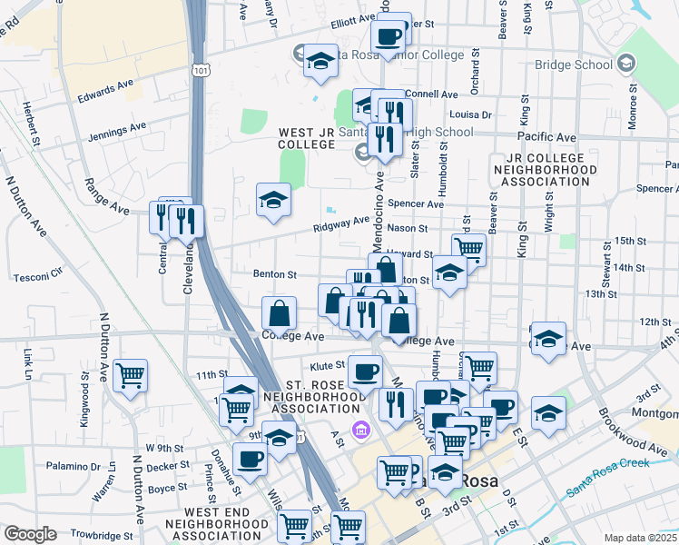 map of restaurants, bars, coffee shops, grocery stores, and more near 421 Benton Street in Santa Rosa