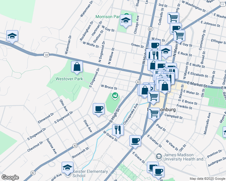 map of restaurants, bars, coffee shops, grocery stores, and more near 385 West Bruce Street in Harrisonburg