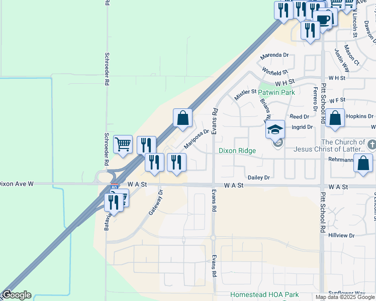 map of restaurants, bars, coffee shops, grocery stores, and more near 2155 Mariposa Drive in Dixon