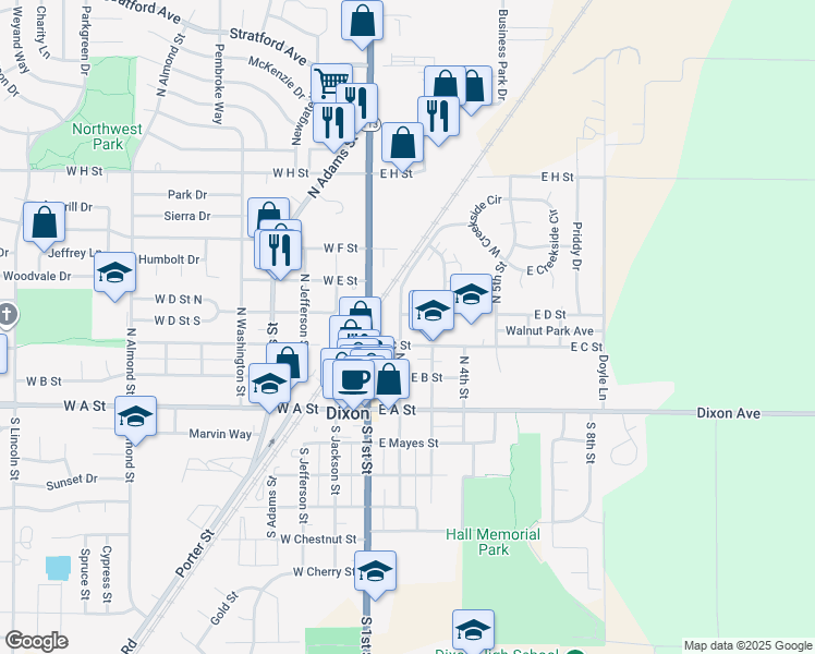 map of restaurants, bars, coffee shops, grocery stores, and more near 378 North 2nd Street in Dixon