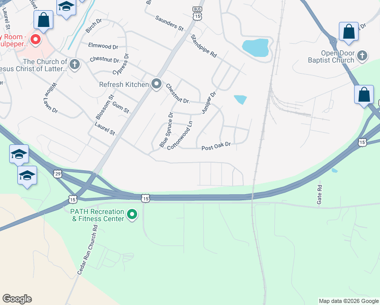 map of restaurants, bars, coffee shops, grocery stores, and more near 2511 Post Oak Drive in Culpeper