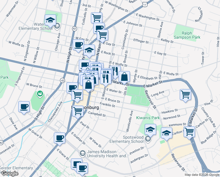 map of restaurants, bars, coffee shops, grocery stores, and more near 242 East Water Street in Harrisonburg
