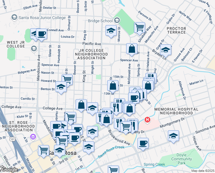 map of restaurants, bars, coffee shops, grocery stores, and more near 1116 14th Street in Santa Rosa