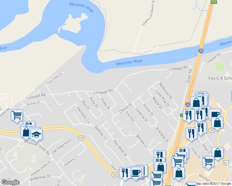 map of restaurants, bars, coffee shops, grocery stores, and more near 1559 Park Ridge Lane in Arnold