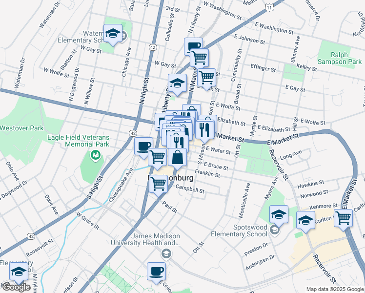 map of restaurants, bars, coffee shops, grocery stores, and more near 116 South Main Street in Harrisonburg