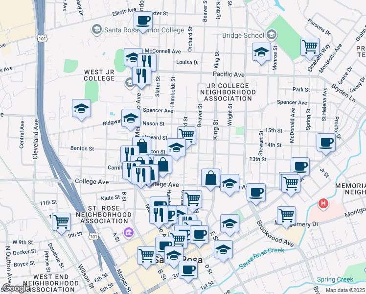 map of restaurants, bars, coffee shops, grocery stores, and more near 809 Orchard Street in Santa Rosa